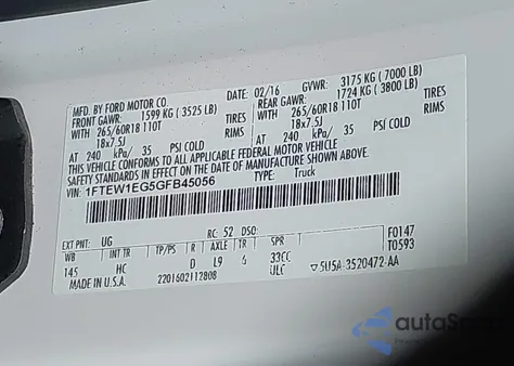 2016 Ford F-150 Lariat из США, поврежденный, VIN 1FTEW1EG5GFB45056